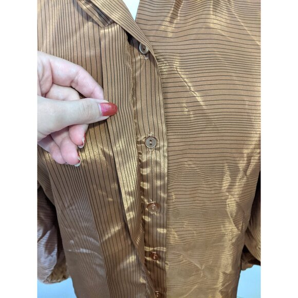 Vintage 80s Metallic Bronze Striped Blouse Button Up Satin Retro Party Fall 14 - Picture 5 of 11
